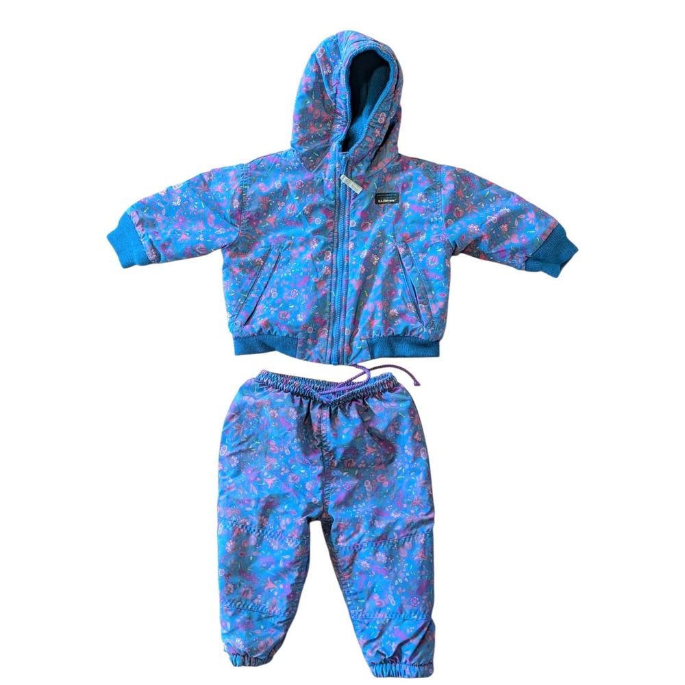 Vintage LL Bean Kids Floral Winter Jacket & Snow Pants Set 12-18 M Blue Pink